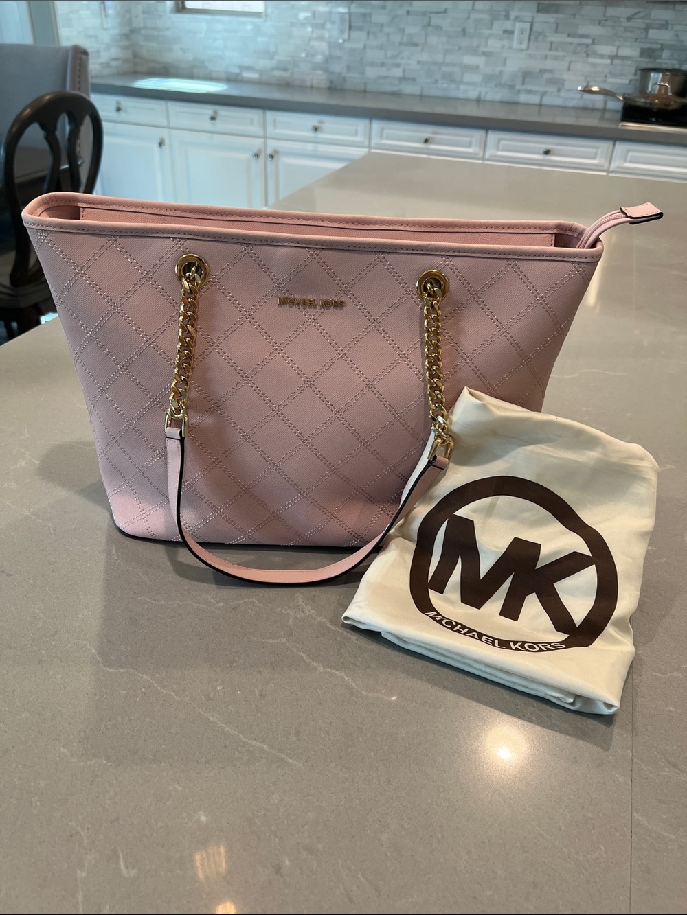 Michael Kors Blush Quilted Tote with Gold Chain Straps BRAND NEW